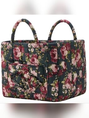 Quilted Floral Storage Tote In Dark Green and Rose. 13 In. Wide  11 In. Deep.